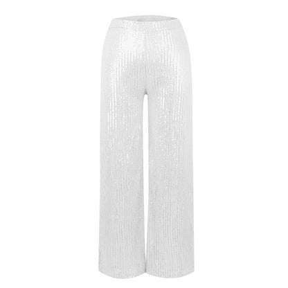 Women's Fashion Solid Color High Waist Sequin Side Zipper Draped Wide Leg Pants Pants for Women Women’s Pants Women’s Pants 2024
