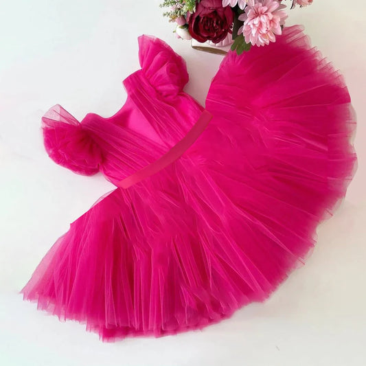 Toddler Bow White Baptism Party Baby Girl Dress Fly Sleeves 1st Birthday Wedding Princess Dresses Tutu Lace Evening Kids Clothes