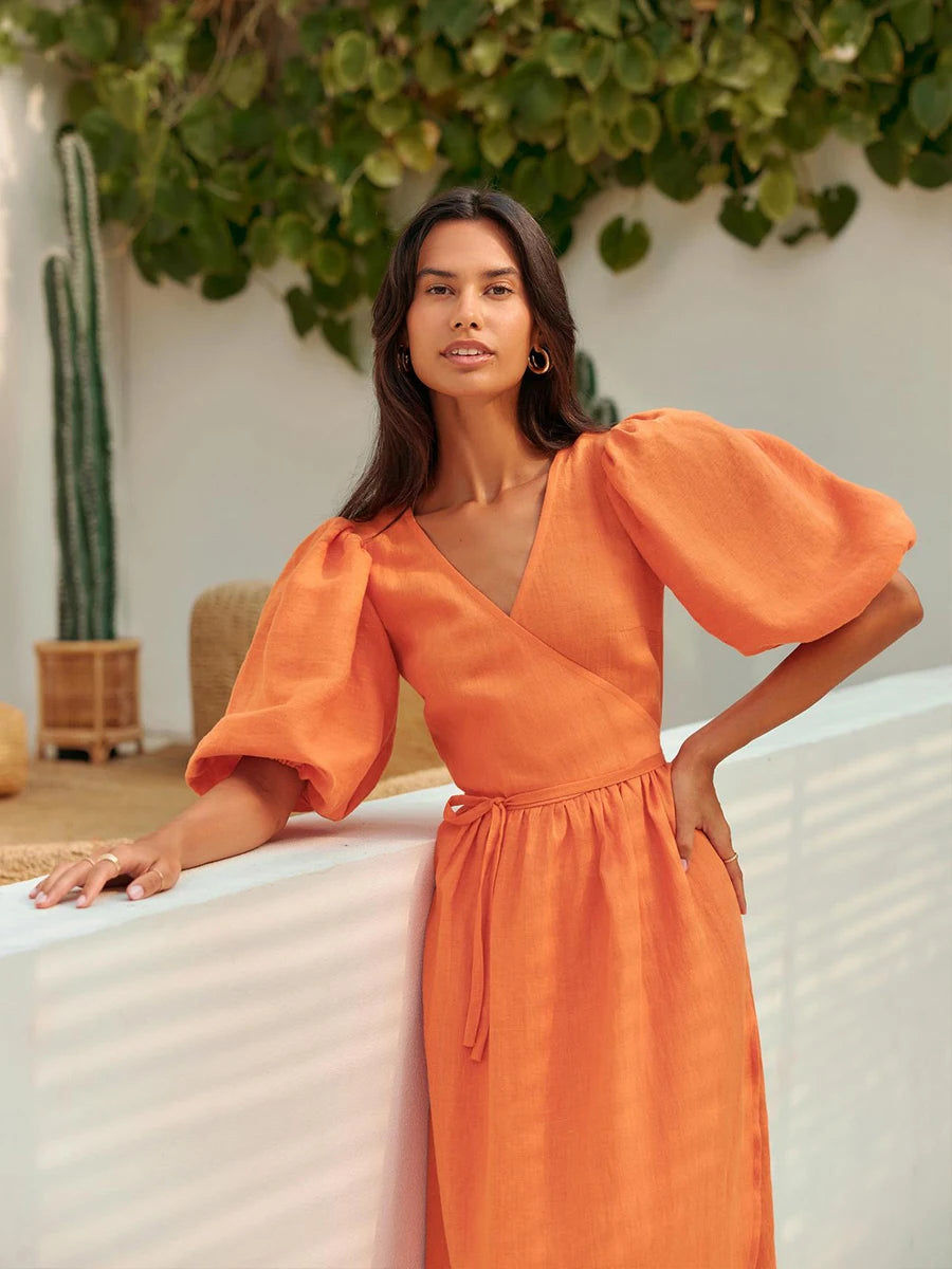 Bornladies 100% Cotton V-neck Waist Cinched Dress Unique Lantern Sleeve Sexy Slit Long Skirt Fashionable Women's Casual Dresses