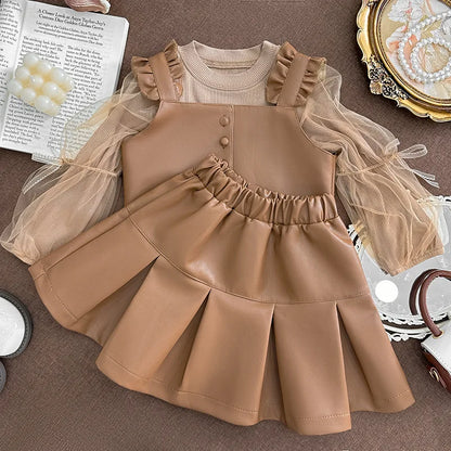 2024New Girls' Autumn Western Style Little Girls' Leather Two-Piece Suit Fashionable Children's Bottoming Shirt Trendy
