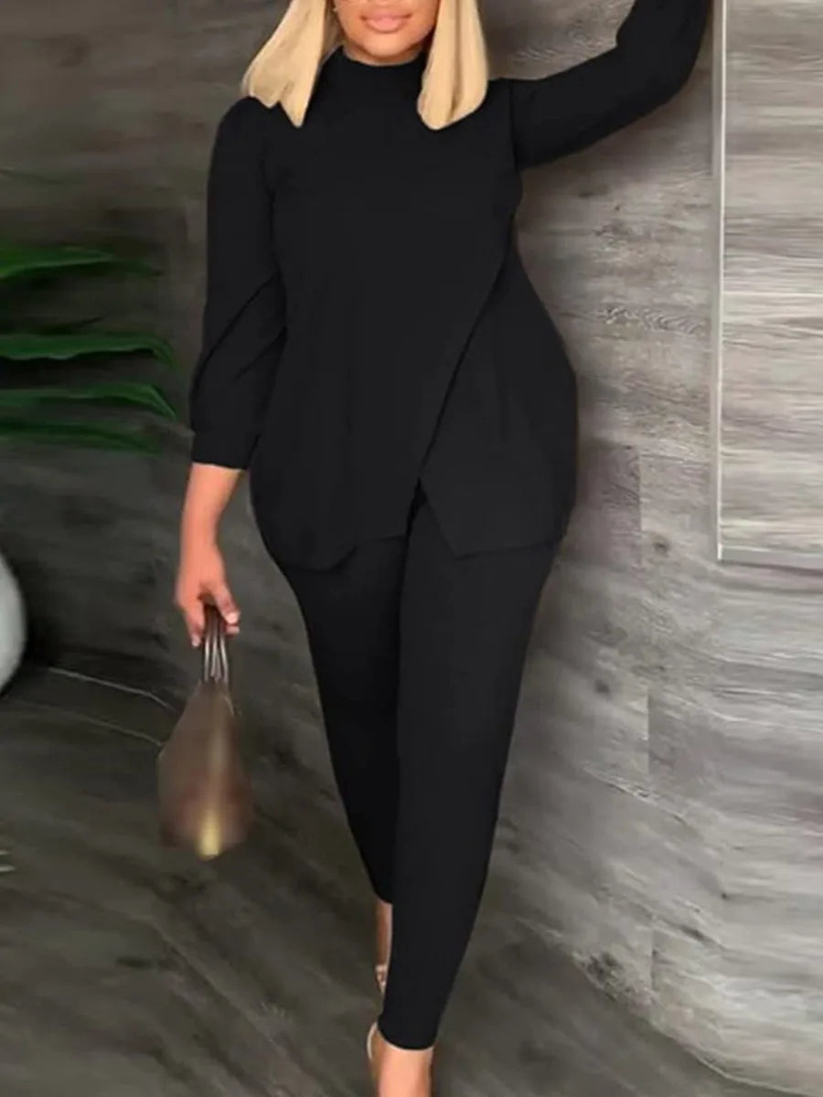 4XL 5XL LW Plus Size Turtleneck Split Pants Set Spring 2pcs Solid Color Loose Casual Slim Pants Female Two Piece Set Outfits
