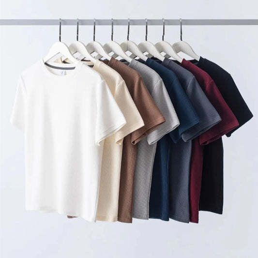 1pcs Men Summer T-Shirt Man Short Sleeved Waffle Solid T-Shirt Male Solid Color Casual Tee Round Men's Round Neck Fashion Top