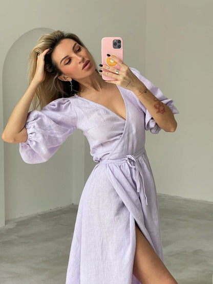 Bornladies 100% Cotton V-neck Waist Cinched Dress Unique Lantern Sleeve Sexy Slit Long Skirt Fashionable Women's Casual Dresses