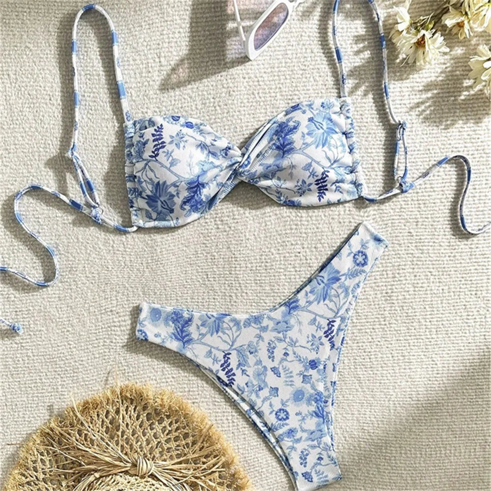 Vintage Floral Bikini Swimwear Y2K Sling Swimsuit String Backless Beach Outfits Bathing Suits Women Biquinis Femininos Sexys Set