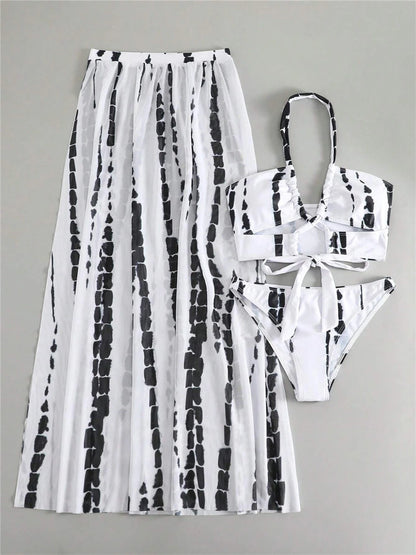 3 Pieces Tie Dye Cross Bikini 2023 Women Sexy Halter Swimsuit & Cover Up Pants Swimwear Bathers Bathing Swimming Suit Beachwear