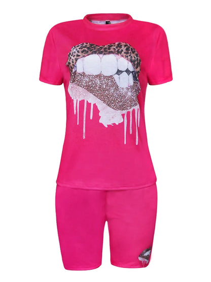 Wmstar Plus Size Two Piece Outfits for Women Tracksuit Shorts Sets  Lip Print Top Casual New In Matching Wholesale Dropshipping
