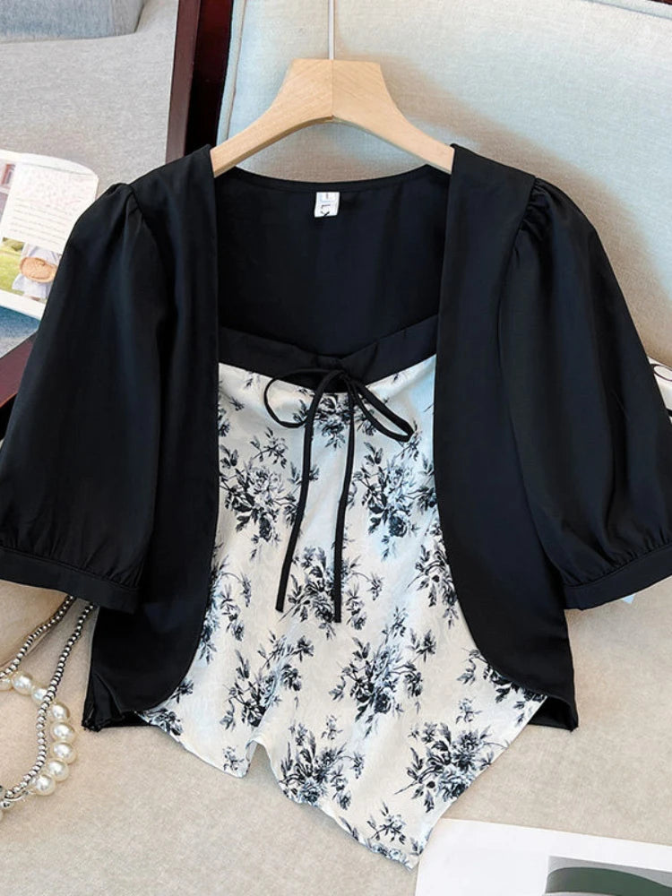 Summer Design Shirts for Women Fake Two Piece Plus Size Flower Print Irregular Lace Up Crop Top All Match Square Collar Clothing