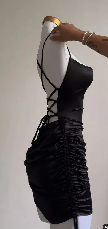 2024 Spring Summer New Spaghetti Strap Dresses Women Sexy Backless Leace-up Drawstring Package Hip Slim Dress Hot Girl Vestidos