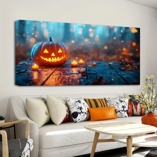 1.5 inch thick pine solid wood frame, Halloween themed oil mural, jack-o '-lantern painting, interior decoration
