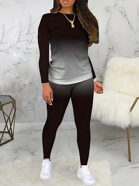 AliExpress Europe and the United States plus size spring and autumn new round neck gradient long sleeve trouser set