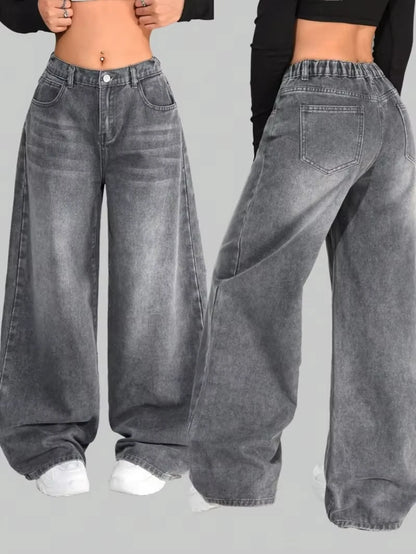 Y2K Harajuku Fashion New Solid Color Washed Baggy Jeans Women Streetwear Punk Popular Casual Joker High Waist Wide Leg Pants