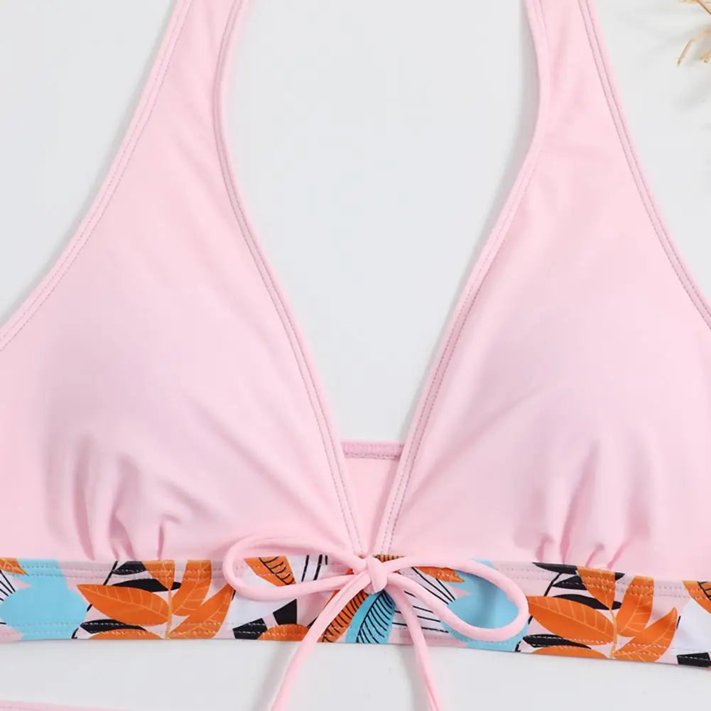 2Pcs/Set Bikinis Set Bowknot Decor Floral Print Bikini Backless Halter Bra High Waist Beachwear Female Beach Clothing
