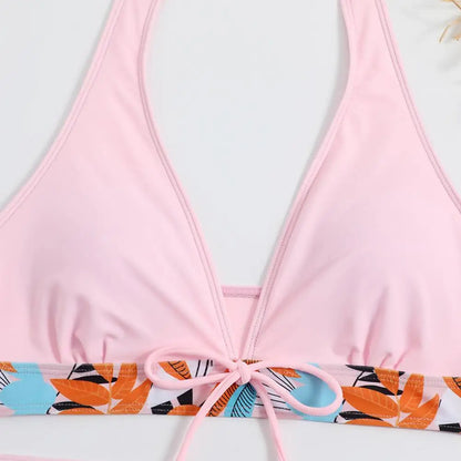 2Pcs/Set Bikinis Set Bowknot Decor Floral Print Bikini Backless Halter Bra High Waist Beachwear Female Beach Clothing