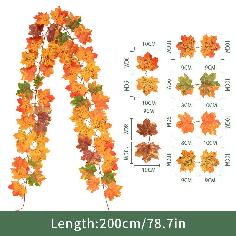 2M Artificial Maple Leaf Garland Thanksgiving Christmas Hanging Wall Decor Fake Fallen Leaves Autumn Decor Rattan Wedding Props