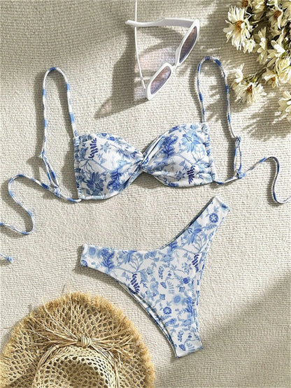 Vintage Floral Bikini Swimwear Y2K Sling Swimsuit String Backless Beach Outfits Bathing Suits Women Biquinis Femininos Sexys Set
