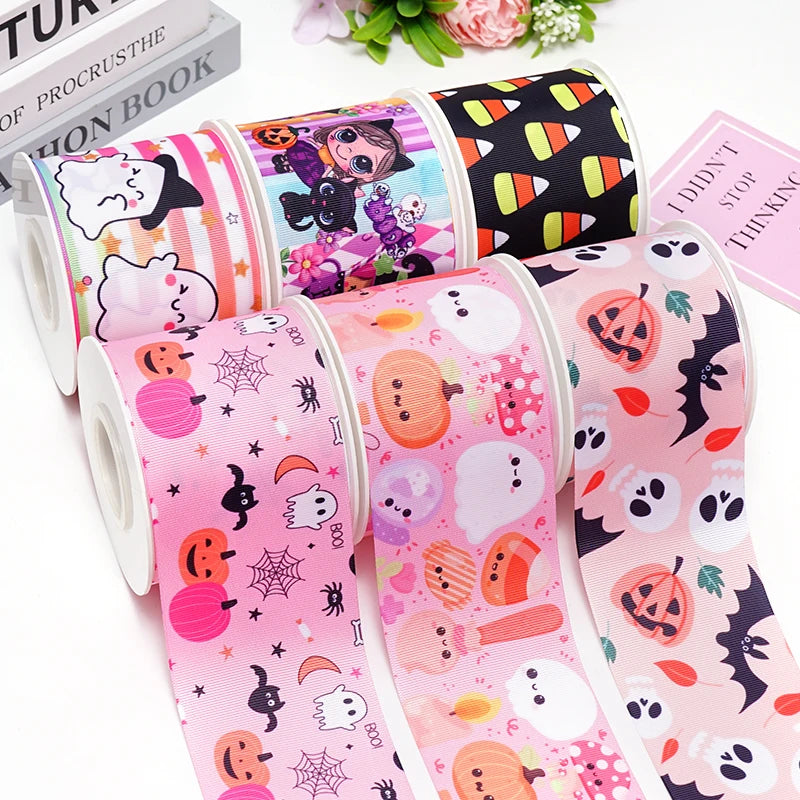 5 Yards Halloween Pumpkin Skeleton Stripe RIP Grosgrain/Satin Ribbon Printed Ribbon For Crafts Decoration Bow 82636