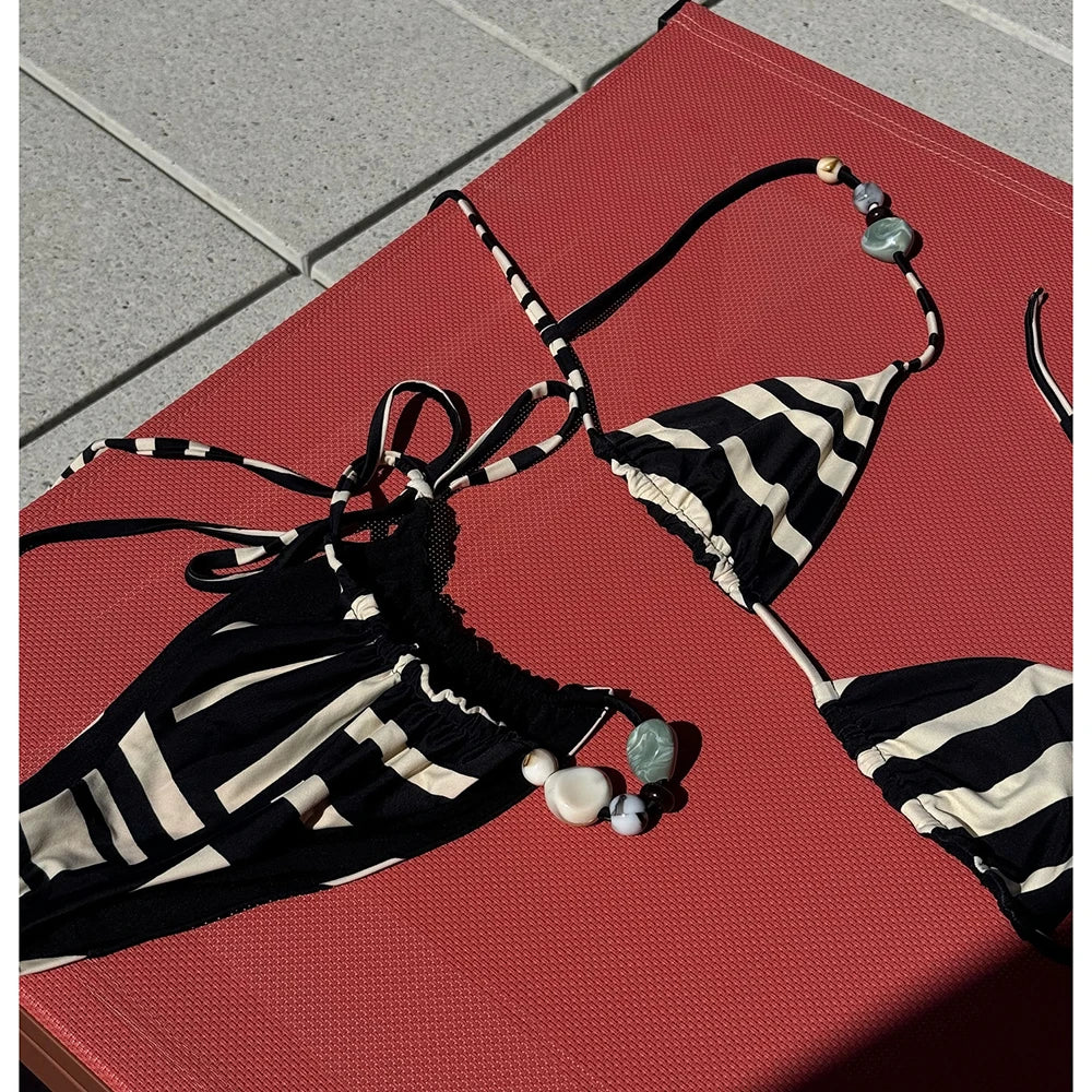 2025 Halter Bikinis Women Swimsuit New Sexy Swimwear Stripe Print Brazilian Bikini Set Micro Biquini Female Cute Beachwear