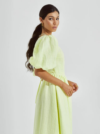 Bornladies 100% Cotton V-neck Waist Cinched Dress Unique Lantern Sleeve Sexy Slit Long Skirt Fashionable Women's Casual Dresses
