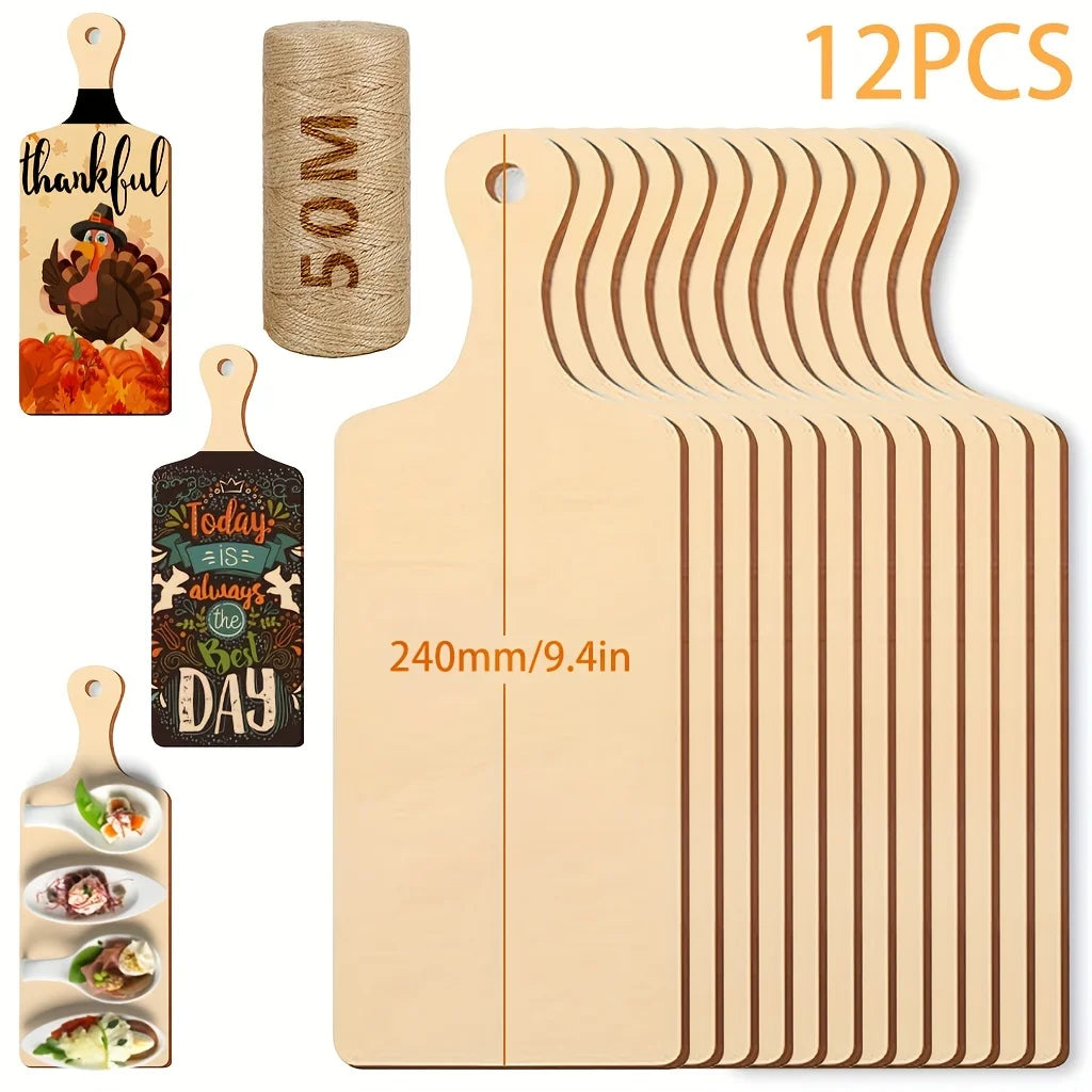 6pc/12pcs/24pcs(long Handle,9.4 x 3.5inch ) 50m Hemp Rope Mini Wooden Cutting Board with Handle Thanksgiving Small Chopping Boar