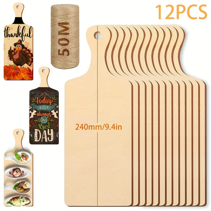 6pc/12pcs/24pcs(long Handle,9.4 x 3.5inch ) 50m Hemp Rope Mini Wooden Cutting Board with Handle Thanksgiving Small Chopping Boar