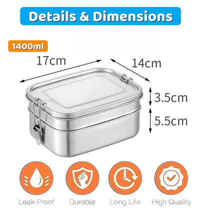 2 Layer Stackable Bento Lunch Box for Kids & Adults, 1400ml Stainless Steel Food Storage Container for School, Work & Travel