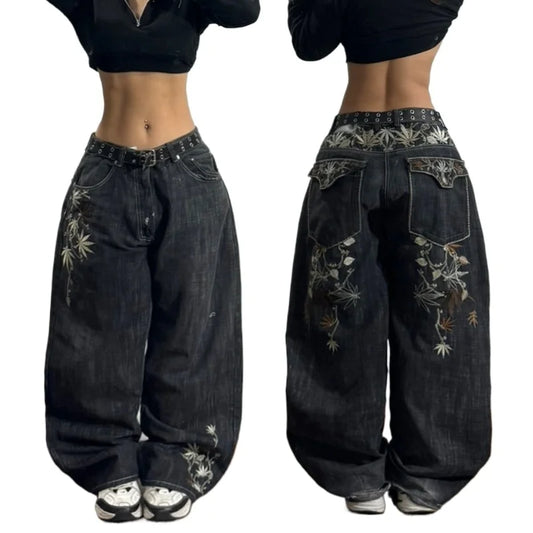 Street Fashion Trend New Pattern Embroidered Baggy Jeans Women Y2K Gothic Vintage Hip Hop Rock Popular High Waist Wide Leg Pants