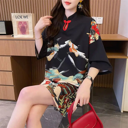 Summer Chinese Style Vintage Printing T-shirt Mini Dress Ladies Short Sleeve Loose Casual A-line Robe Women Stand Collar Vestido