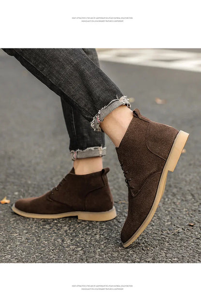 British Style Brown Men’s Suede Leather Boots Comfort Chelsea Boots Men Lace-Up Pointed Ankle Boots For Men botas para hombre