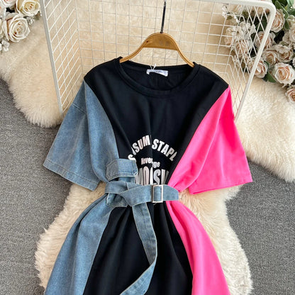 XFPV 2025 Summer Fashion Short Sleeve Round Neck High Waistband Slim A-line Denim Printed Patchwork Dress For Women SM11498