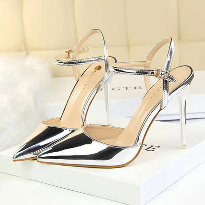 Women 10.5cm High Heels Sandals Lady Metallic Gold Silver Patent Leather Stripper Strap Sandles Wedding Fetish Nightclub Shoes