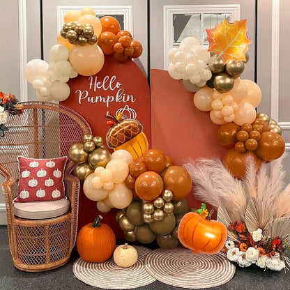 143 PCS Fall Balloon Arch Kit Pumpkin Maple Leaves Pine Cones  for Thanksgiving Autumn Harvest Birthday Party Decorations