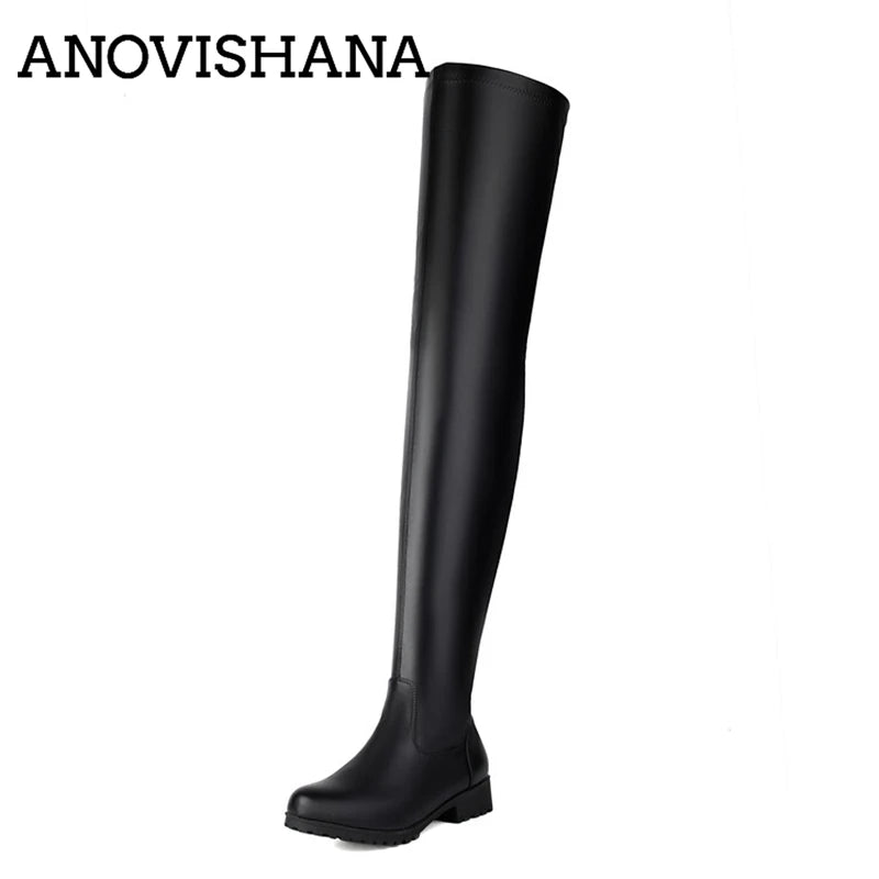 ANOVISHANA New Winter Autumn Over Knee Boots 3.5cm Square Heel Round Toe Leather Thigh High Fashion Big Size 45 46 47 48 US17
