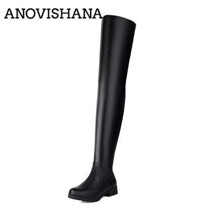ANOVISHANA New Winter Autumn Over Knee Boots 3.5cm Square Heel Round Toe Leather Thigh High Fashion Big Size 45 46 47 48 US17