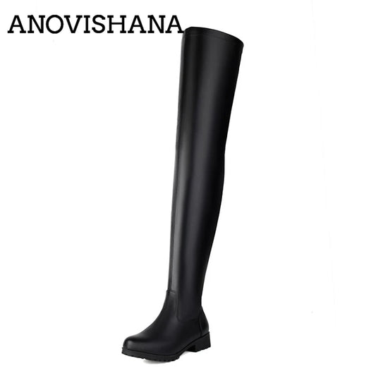 ANOVISHANA New Winter Autumn Over Knee Boots 3.5cm Square Heel Round Toe Leather Thigh High Fashion Big Size 45 46 47 48 US17