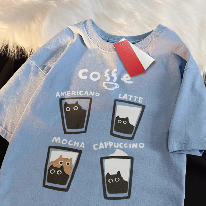 Summer Cream Coffee Cat Print Oversized Loose Short Sleeve Unisex T-shirt Women American Youth  Casual Street Couple Top