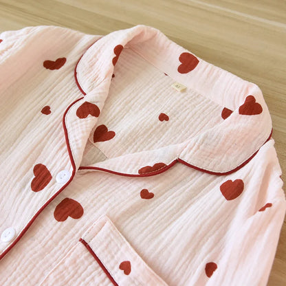 2025 New Spring and Autumn Women's Pajama Set 100% Cotton Crepe Long Sleeve Long Pants Two Piece Set Love Sweet Home Clothes