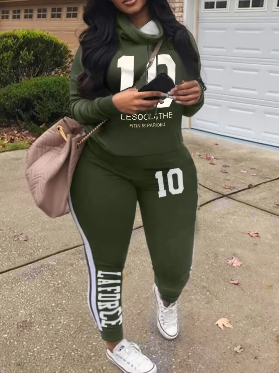 5XL LW Plus Size Autumn&Winte Letter Print Regular Striped Long Sleeve Basic Sporty Fashionable Turtleneck Hooded Blue Pants Set