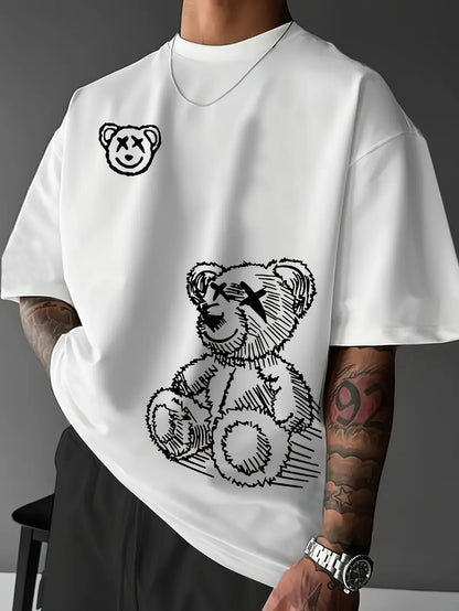 Summer men's 100% pure cotton casual sports loose and fashionable cartoon bear pattern printed round neck short sleeved T-shirt
