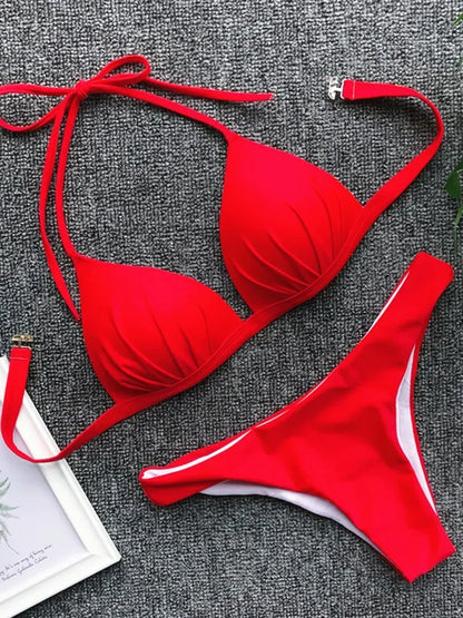2025 Halter Bra Cup Bikini Sexy Swimsuit Female White Swimwear Women Push up Bikini set Brazilian Bathing Suit Bandeau Swim suit