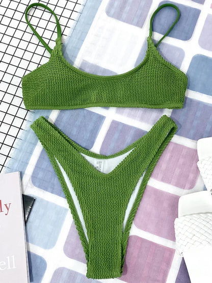 7 Colors Wrinkled Crinkled Triangle Bikini Women Swimwear Female Swimsuit Two-pieces Bikini set Bather Bathing Suit Swim Lady