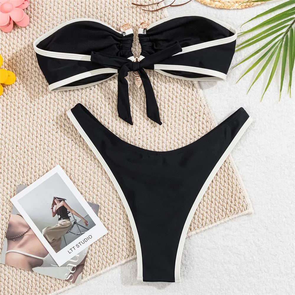 Brown Bandeau Bikinis Sets 2025 Sexy Swimsuit Women Contrast Color Swimwear Metal Buckle High Cut Bathing Suit Bikinis De Mujer