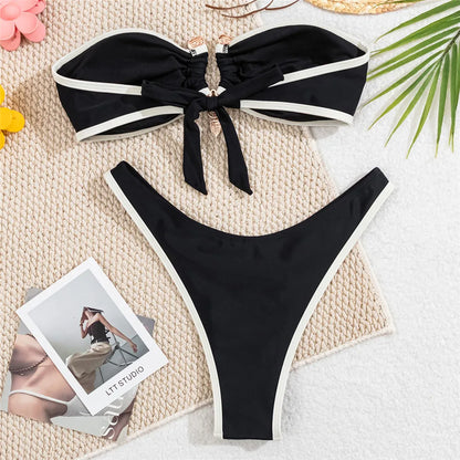 Brown Bandeau Bikinis Sets 2025 Sexy Swimsuit Women Contrast Color Swimwear Metal Buckle High Cut Bathing Suit Bikinis De Mujer