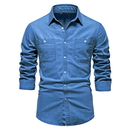 AIOPESON Autumn New Cotton Men's Denim Shirt Solid Color Single Pocket Casual Long Sleeve Shirt Autumn Jeans Shirt for Men