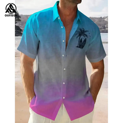 2024 Casual Men's Shirts Summer Clothing Gradient Graphics Apparel Vacation Seaside Oversized Short Sleeve Tops For Male