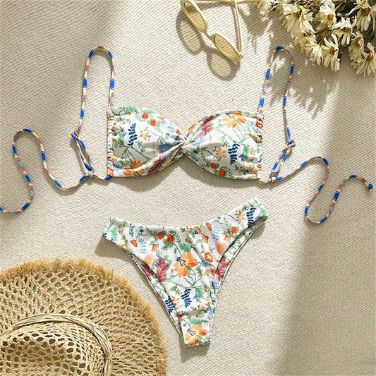 Vintage Floral Bikini Swimwear Y2K Sling Swimsuit String Backless Beach Outfits Bathing Suits Women Biquinis Femininos Sexys Set
