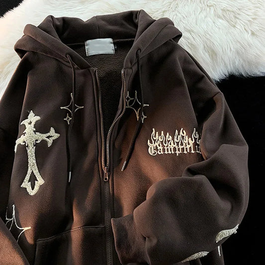 American Style Trendy Brand Embroidered Sport Jacket Oversize Couple Top Cardigan Hooded Sweatshirt Men Spring Autumn Casual Loo