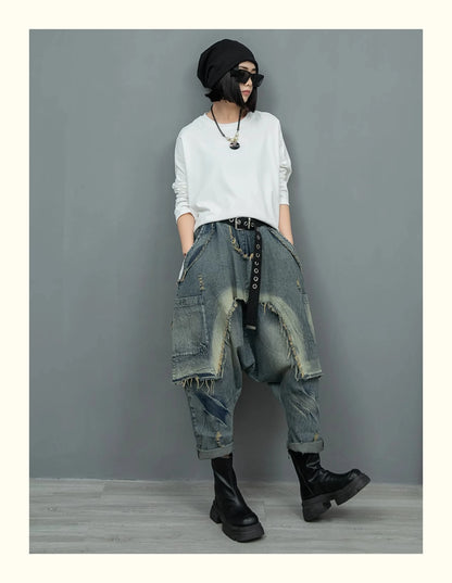 (No Belt)Women Streetwear Pants Set Plus Size White Tassels Tees +2 In 1 Cross Pants Novelty High Street Matching Wear Suit