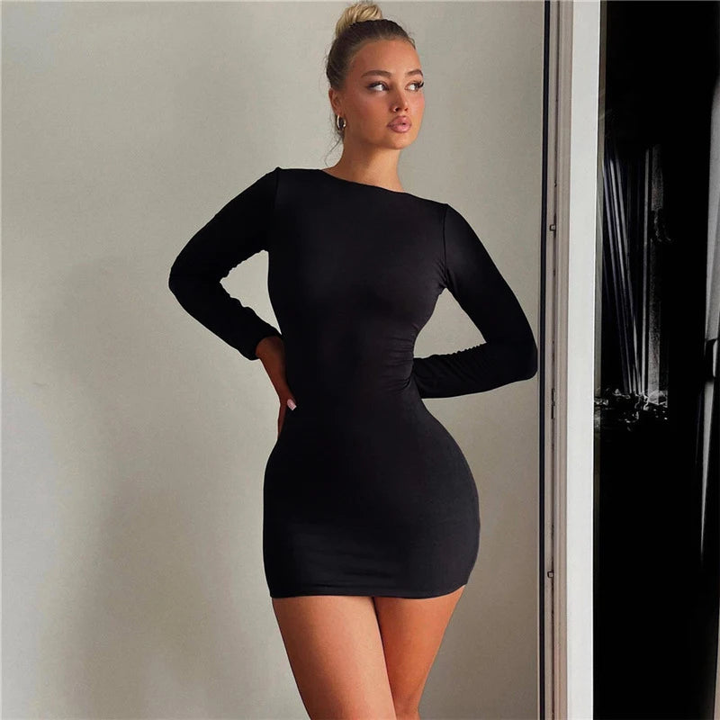 Backless Women Dress Full Sleeve Sexy Solid Fashion Slim Bodycon Ladies Eveing Party Prom Robe New In Clothes Mini Dress Skinny