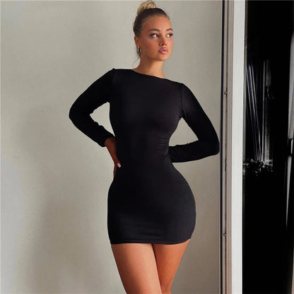 Backless Women Dress Full Sleeve Sexy Solid Fashion Slim Bodycon Ladies Eveing Party Prom Robe New In Clothes Mini Dress Skinny