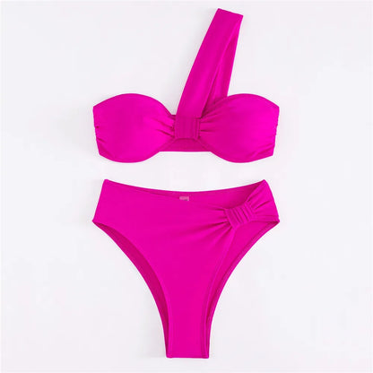 Brown One Shoulder Bikini High Waist Sexy Swimsuit Women 2025 Solid Swimwears Bathing Suit Bandeau Bikinis Sets De Mujer Biquini